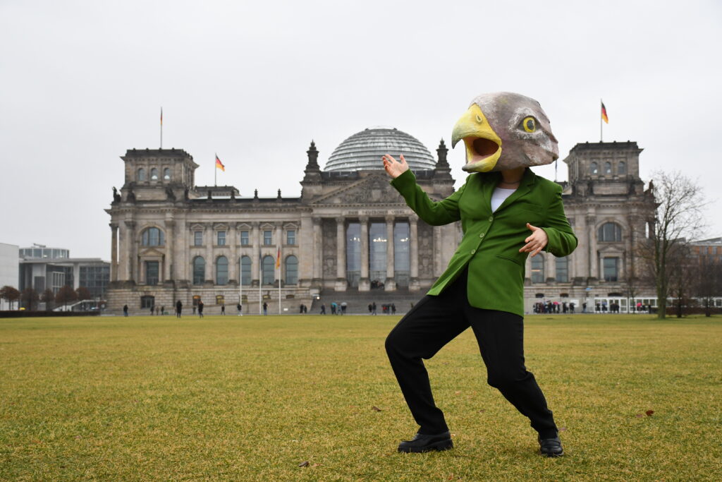 Person with eagle mask in front of the parliament