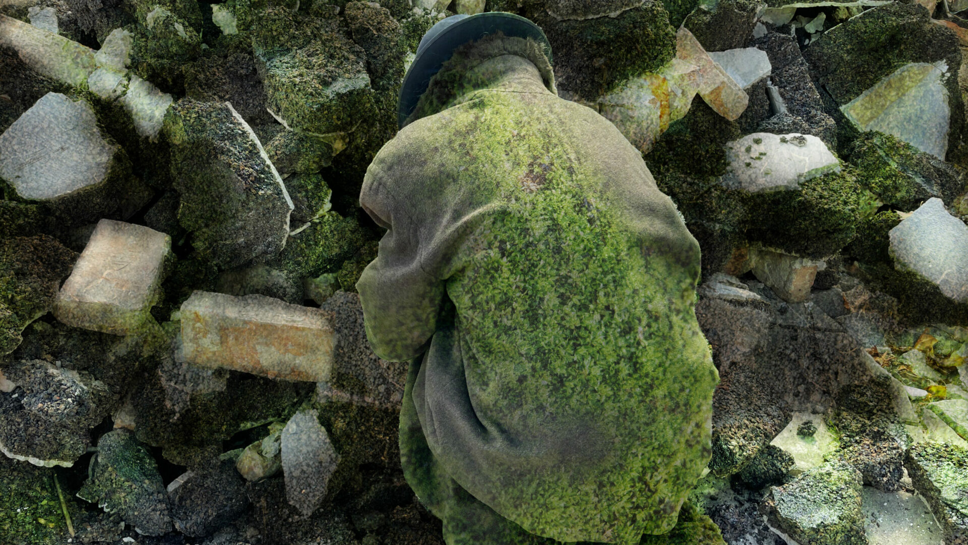 Eine Person mit Filzmantel und Hut hockend vor einem Truemmerhaufen. Der Mantel und die Trümmer sind teilwese mit Moos bewachsen.