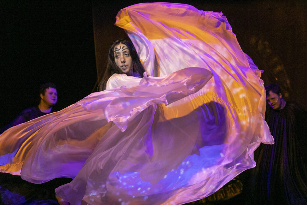 Scene photo of a performance: a person with a lookalike costume of Louis Fuller