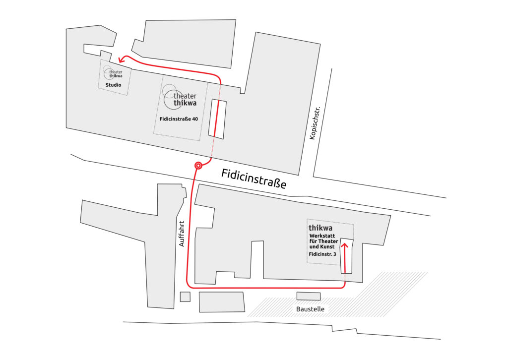 Eine Karte, die den Weg ins Theater von der Fidicinstraße aus darstellt.